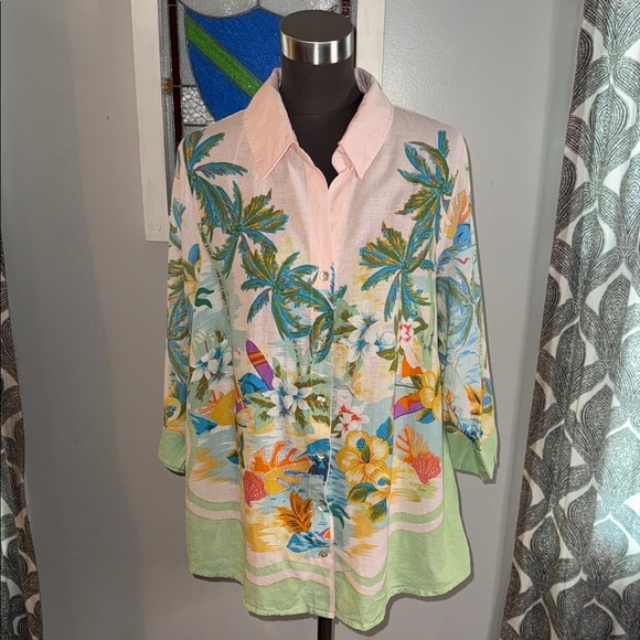 Cynthia Rowley Tropical Print 3/4 Sleeve Button Down Top SZ 1X - Picture 1 of 8